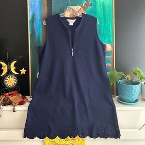 Diamond Tea Elegant Navy Sleeveless w Scalloped Midi Dress L